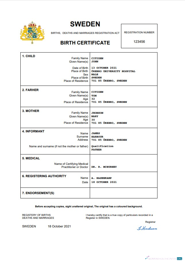 Download Sweden birth certificate Word and PDF template, completely editable Photoshop template